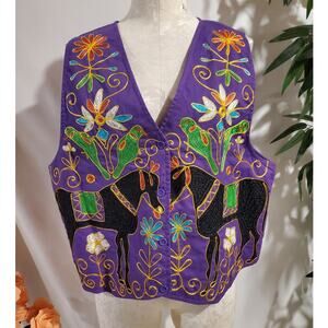 Vtg NWT Arrived Embroidered Vest Womens Plus Size 40/20W Purple Horse Folk Art